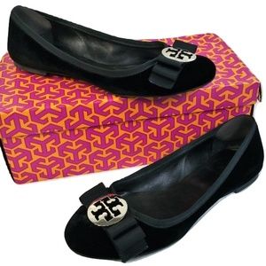 TORY BURCH JESSICA BLACK VELVET BOW SILVER FLATS